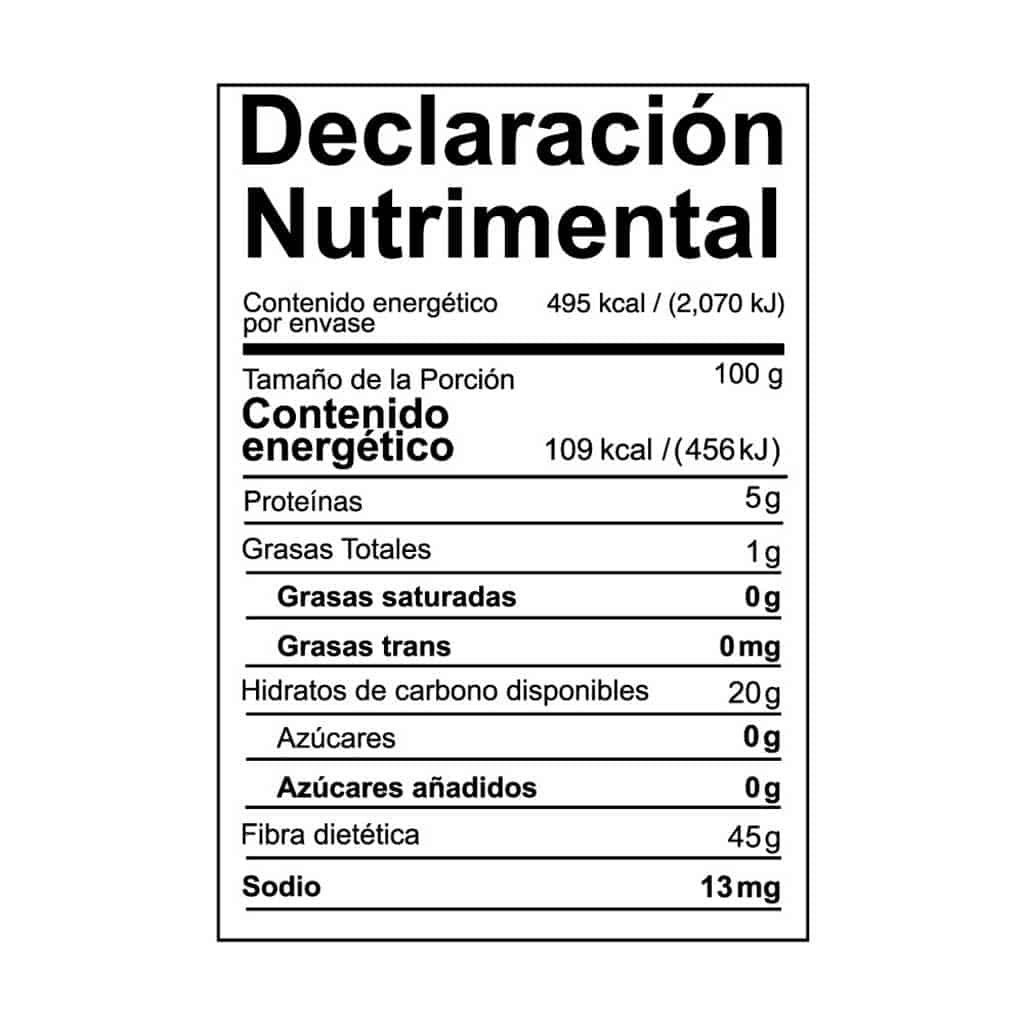 tabla nutrimental nopal organicpo deshidratado en polvo NBF