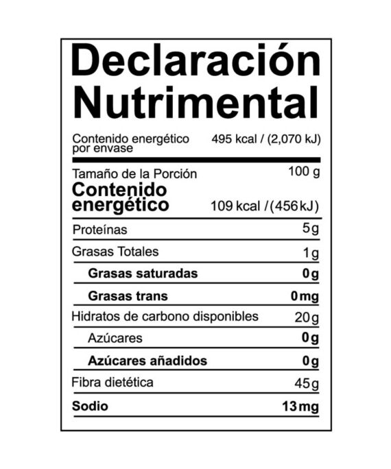 tabla nutrimental nopal organicpo deshidratado en polvo NBF