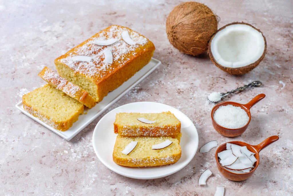 Homemade delicious coconut cake with half coconut