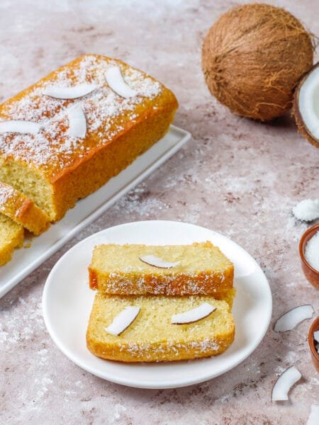 Homemade delicious coconut cake with half coconut